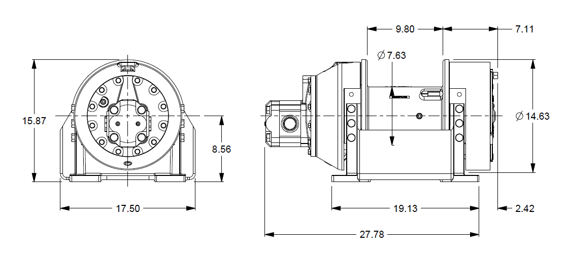 H12-3-97-1  : Pullmaster Planetary Hydraulic Winch, Rapid Reverse, 12,000lb Bare Drum Pull, Auto Brake, CW, 50GPM Motor, 7.63" Barrel x 10.0" Length x 14.63" Flange