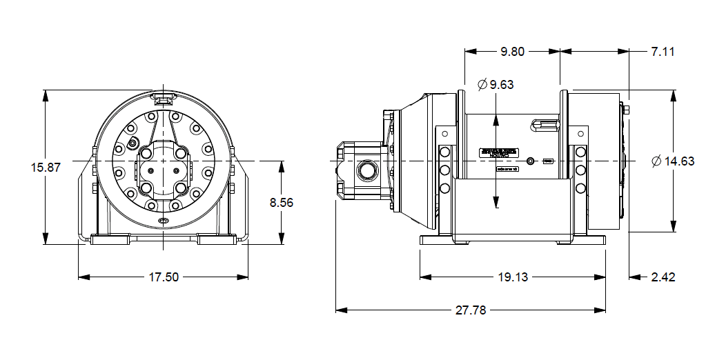 H12-3-97-2  : Pullmaster Planetary Hydraulic Winch, Rapid Reverse, 9,800lb Bare Drum Pull, Auto Brake, CW, 50GPM Motor, 7.63" Barrel x 10.0" Length x 14.63" Flange
