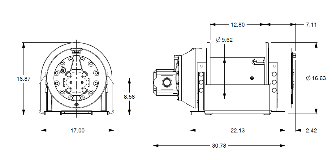 H12-3-97-3  : Pullmaster Planetary Hydraulic Winch, Rapid Reverse, 9,800lb Bare Drum Pull, Auto Brake, CW, 50GPM Motor, 9.63" Barrel x 13.0" Length x 16.63" Flange
