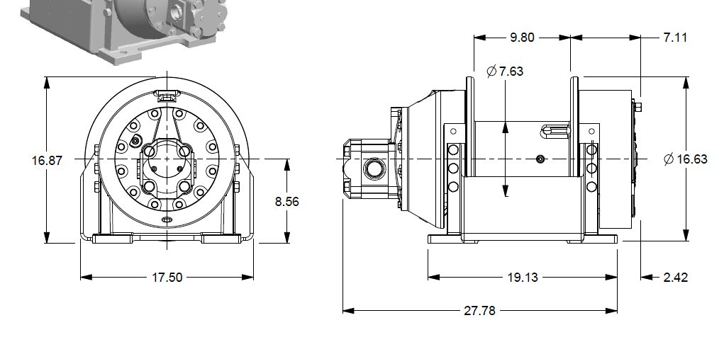H12-3-97-5  : Pullmaster Planetary Hydraulic Winch, Rapid Reverse, 12,100lb Bare Drum Pull, Auto Brake, CW, 50GPM Motor, 7.63" Barrel x 10.0" Length x 16.63" Flange