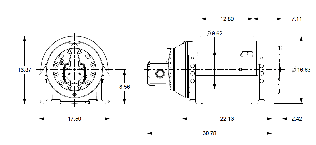 H12-3-97-7 : Pullmaster Planetary Hydraulic Winch, Rapid Reverse, 12,100lb Bare Drum Pull, Auto Brake, CW, 50GPM Motor, 7.63" Barrel x 13.0" Length x 16.63" Flange