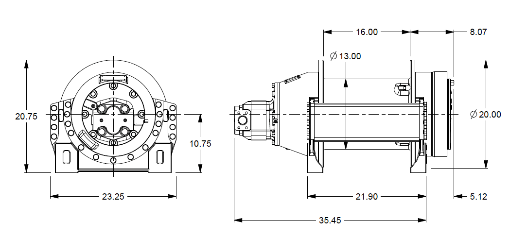 H18-5-101-2 : Pullmaster Planetary Hydraulic Winch, Rapid Reverse, 12,100lb Bare Drum Pull, Auto Brake, Ext Brake Release, CCW, 76GPM Motor, 13.0" Barrel x 16.0" Length x 20.0" Flange