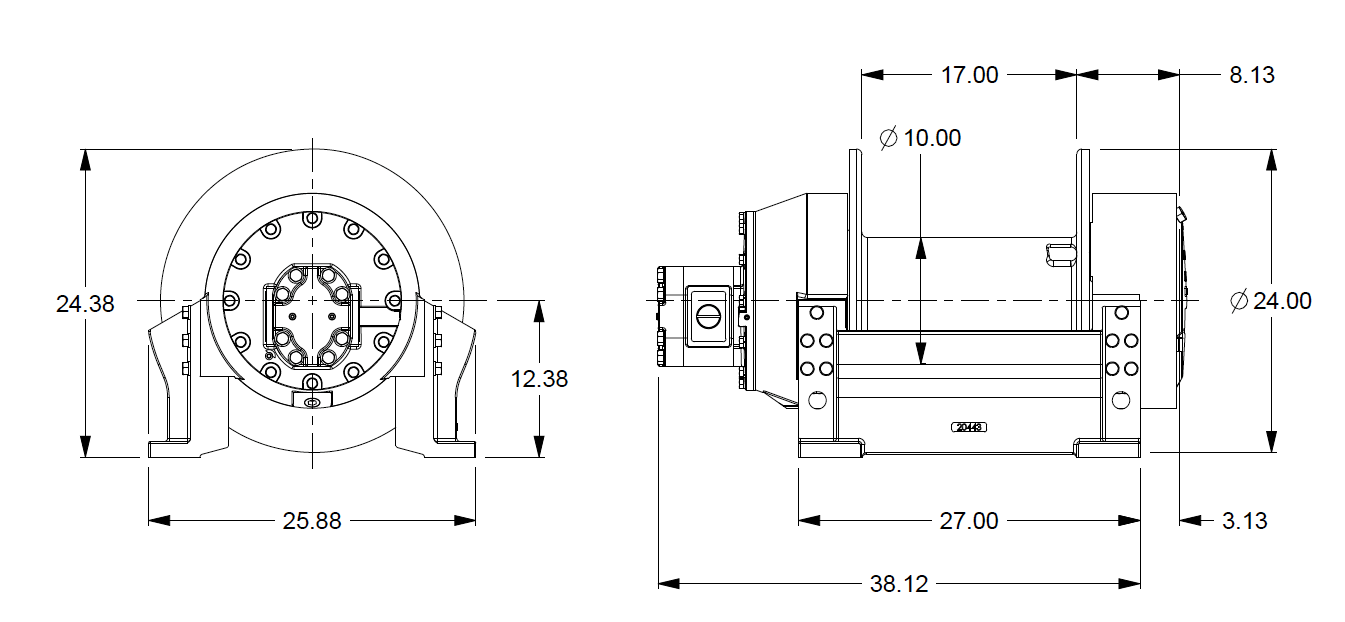 H25-3-86-3 : Pullmaster Planetary Hydraulic Winch, Rapid Reverse, 25,000lb Bare Drum Pull, Auto Brake, CW, 115GPM Motor, 10.0" Barrel x 17.0" Length x 24.0" Flange