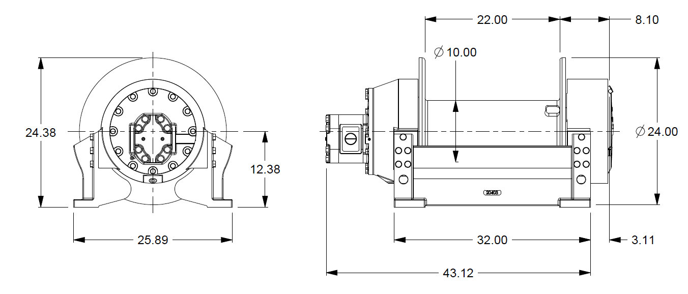 H25-3-86-4 : Pullmaster Planetary Hydraulic Winch, Rapid Reverse, 25,000lb Bare Drum Pull, Auto Brake, CW, 115GPM Motor, 10.0" Barrel x 22.0" Length x 24.0" Flange