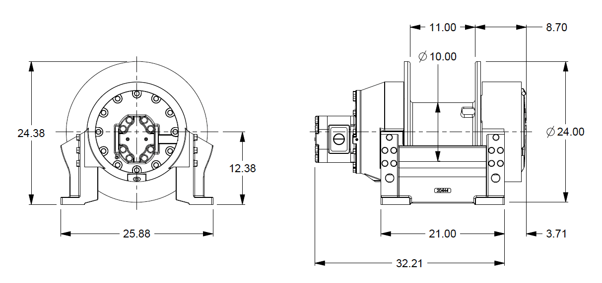 H25-7-86-2 : Pullmaster Planetary Hydraulic Winch, Rapid Reverse, 25,000lb Bare Drum Pull, Auto Brake, CW, 115GPM Motor, 10.0" Barrel x 11.0" Length x 24.0" Flange