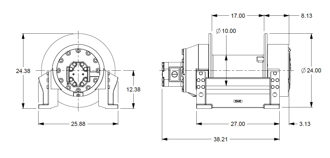H25-7-86-3 : Pullmaster Planetary Hydraulic Winch, Rapid Reverse, 25,000lb Bare Drum Pull, Auto Brake, CW, 115GPM Motor, 10.0" Barrel x 17.0" Length x 24.0" Flange