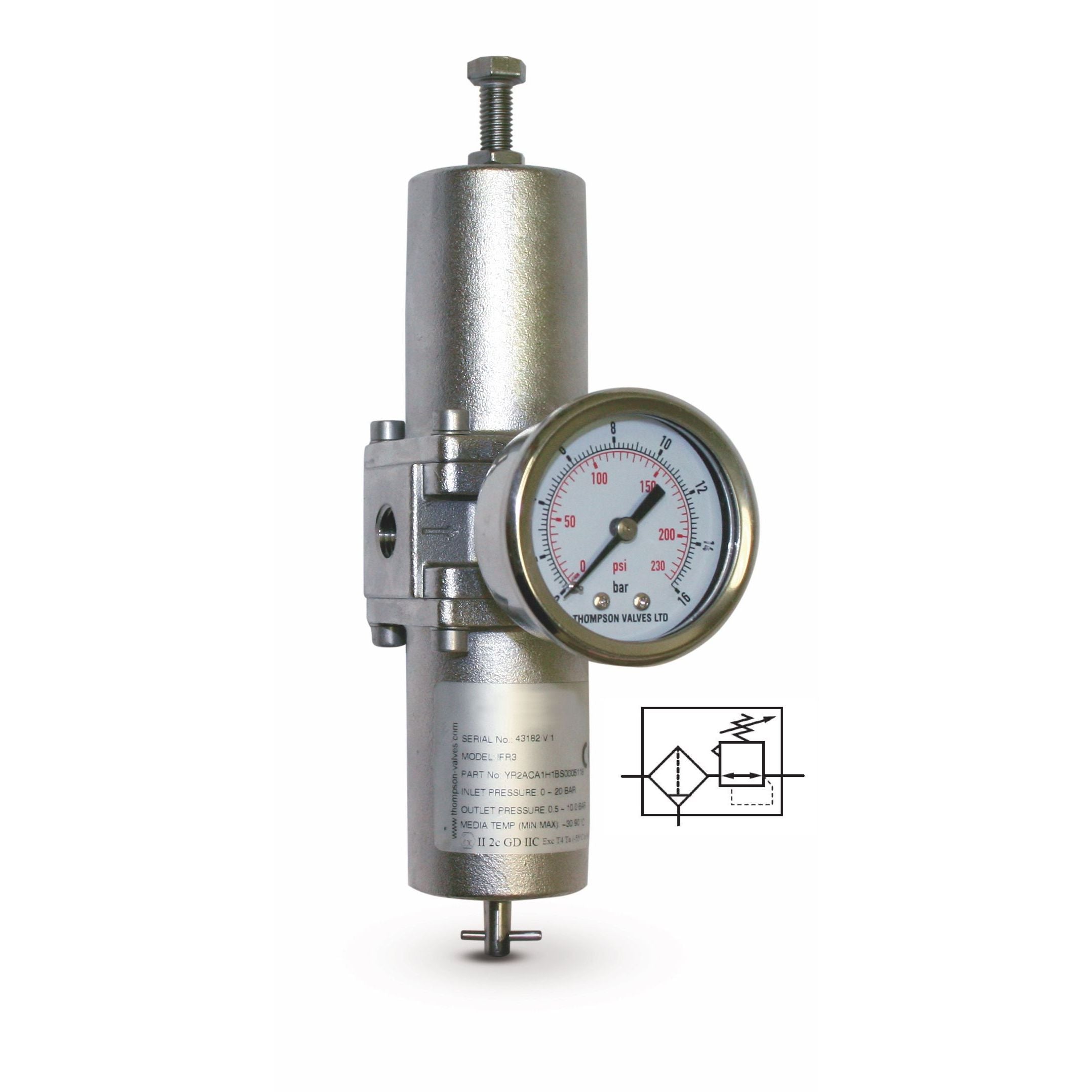 YR2ACA3H4BS040 Maxseal IFR Series, filter/regulator, 1/2" NPT ports, 40 µm, manual drain, with 316 gauge (bar and psi)