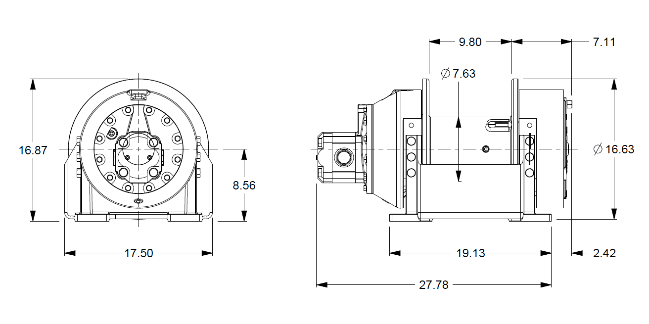 M12-3-97-5 : Pullmaster Planetary Hydraulic Winch, Equal Speed, 12,000lb Bare Drum Pull, Auto Brake, CW, 50GPM Motor, 7.63" Barrel x 10.0" Length x 16.63" Flange