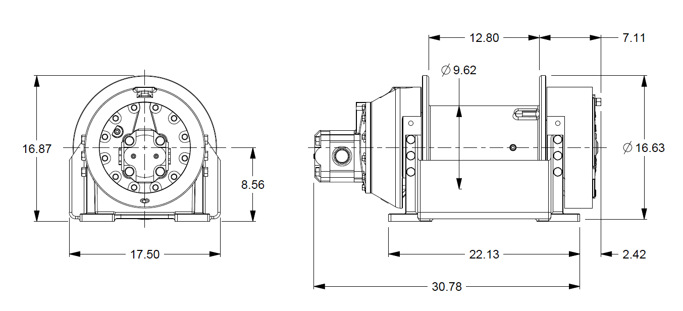 M12-3-97-7 : Pullmaster Planetary Hydraulic Winch, Equal Speed, 12,000lb Bare Drum Pull, Auto Brake, CW, 50GPM Motor, 7.63" Barrel x 13.0" Length x 16.63" Flange