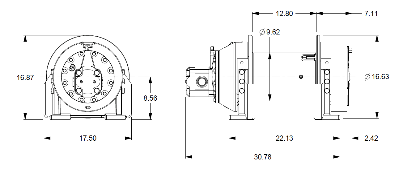 M12-4-97-7 : Pullmaster Planetary Hydraulic Winch, Equal Speed, 12,000lb Bare Drum Pull, Auto Brake, CW, Ext Brake Release, 50GPM Motor, 7.63" Barrel x 13.0" Length x 16.63" Flange