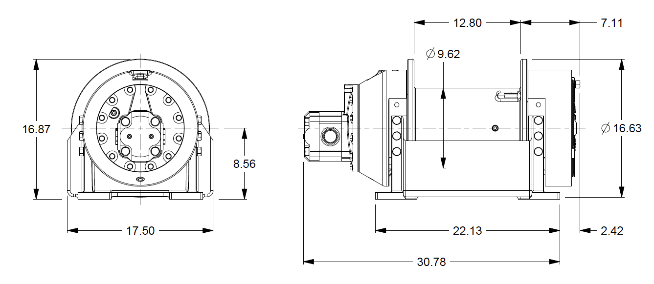 M12-6-97-3 : Pullmaster Planetary Hydraulic Winch, Equal Speed, 9,750lb Bare Drum Pull, Auto Brake, CCW, Ext Brake Release, 50GPM Motor, 9.63" Barrel x 13.0" Length x 16.63" Flange