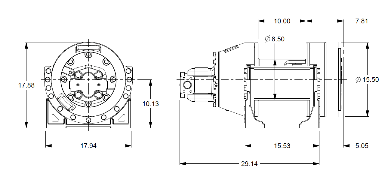 M18-3-101-1 : Pullmaster Planetary Hydraulic Winch, Equal Speed, 18,000lb Bare Drum Pull, Auto Brake, CW, 76GPM Motor, 8.5" Barrel x 10.0" Length x 15.5" Flange