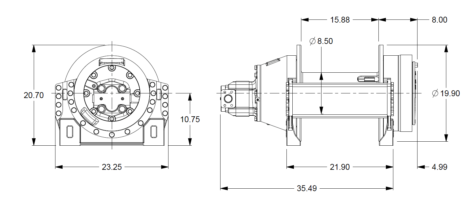 M18-3-101-3 : Pullmaster Planetary Hydraulic Winch, Equal Speed, 18,000lb Bare Drum Pull, Auto Brake, CW, 76GPM Motor, 8.5" Barrel x 16.0" Length x 20.0" Flange