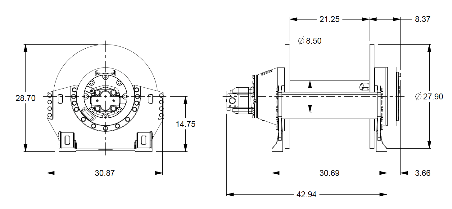 M18-3-101-4 : Pullmaster Planetary Hydraulic Winch, Equal Speed, 18,000lb Bare Drum Pull, Auto Brake, CW, 76GPM Motor, 8.5" Barrel x 22.0" Length x 28.0" Flange