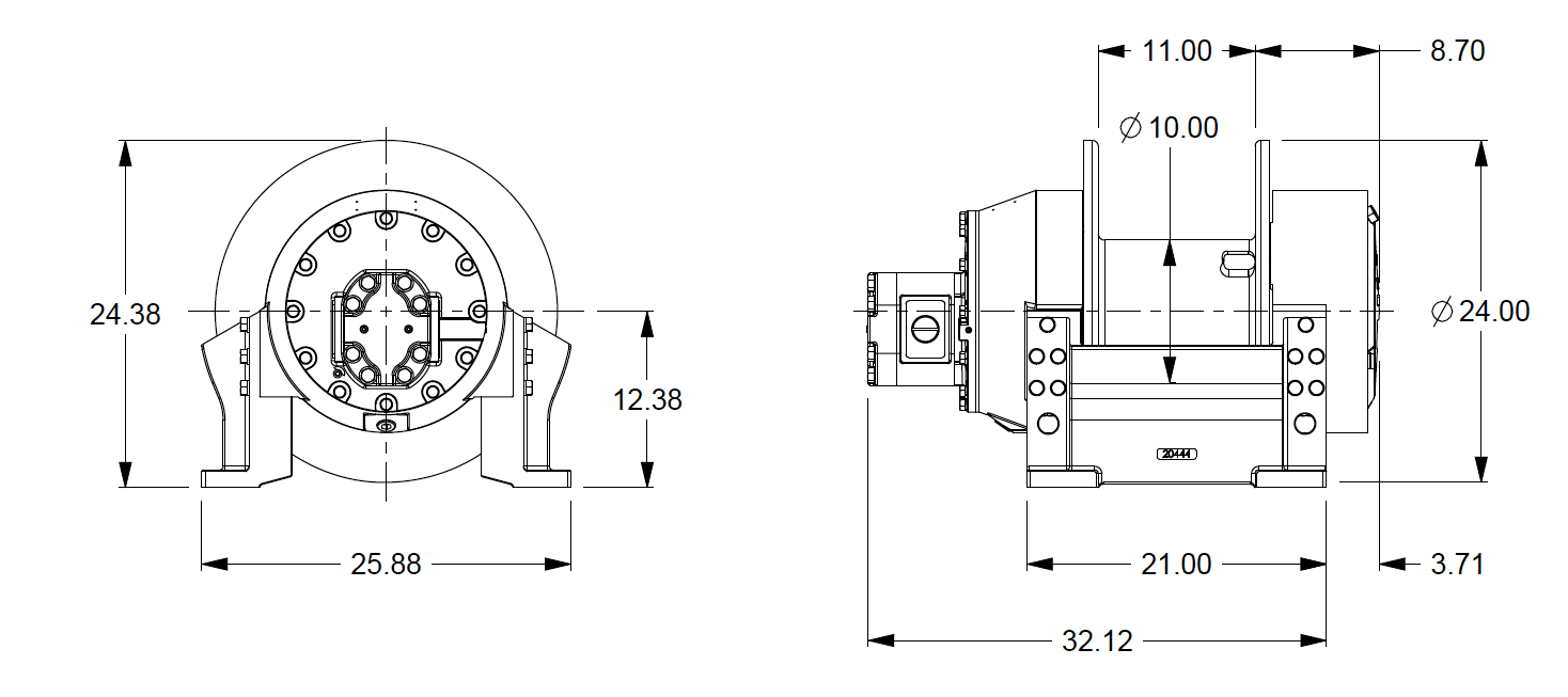 M25-3-86-2 : Pullmaster Planetary Hydraulic Winch, Equal Speed, 25,000lb Bare Drum Pull, Auto Brake, CW, 115GPM Motor, 10.0" Barrel x 11.0" Length x 24.0" Flange