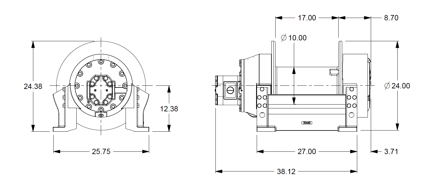 M25-3-86-3 : Pullmaster Planetary Hydraulic Winch, Equal Speed, 25,000lb Bare Drum Pull, Auto Brake, CW, 115GPM Motor, 10.0" Barrel x 17.0" Length x 24.0" Flange