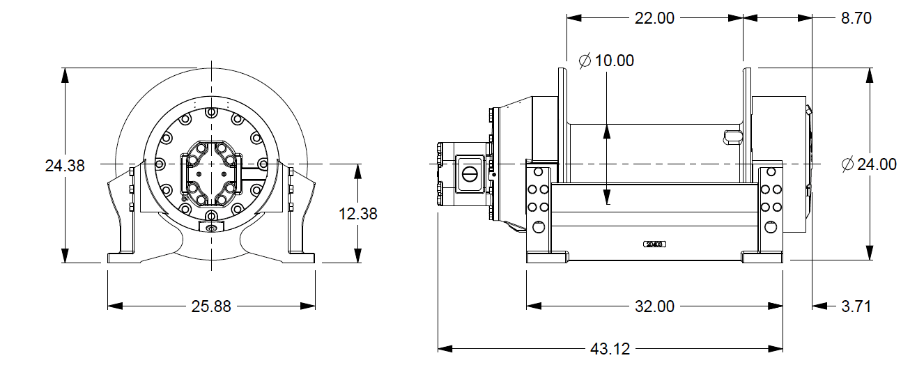 M25-3-86-4 : Pullmaster Planetary Hydraulic Winch, Equal Speed, 25,000lb Bare Drum Pull, Auto Brake, CW, 115GPM Motor, 10.0" Barrel x 22.0" Length x 24.0" Flange