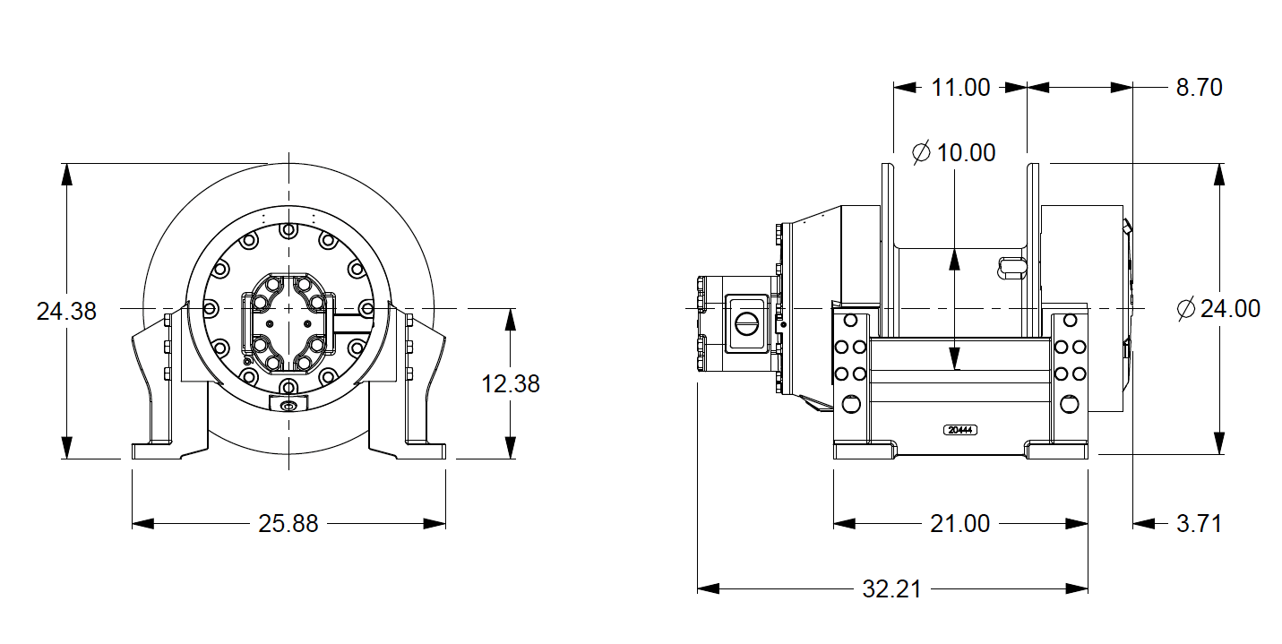 M25-7-86-2 : Pullmaster Planetary Hydraulic Winch, Equal Speed, 25,000lb Bare Drum Pull, Auto Brake, CW, 115GPM Motor, 10.0" Barrel x 11.0" Length x 24.0" Flange