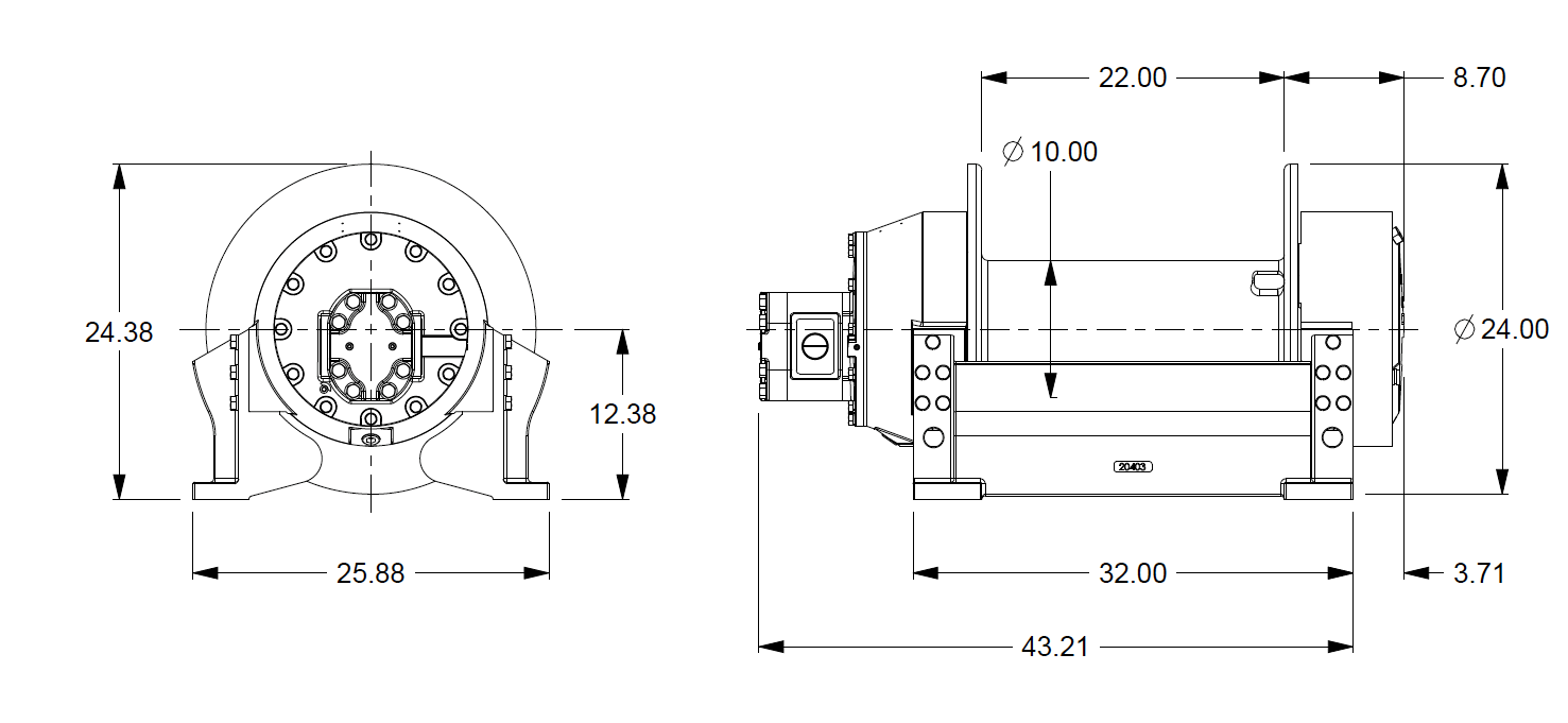 M25-7-86-4 : Pullmaster Planetary Hydraulic Winch, Equal Speed, 25,000lb Bare Drum Pull, Auto Brake, CW, 115GPM Motor, 10.0" Barrel x 22.0" Length x 24.0" Flange