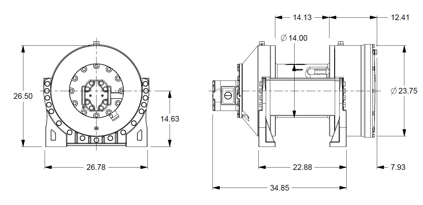 M50-3-86-1 : Pullmaster Planetary Hydraulic Winch, Equal Speed, 50,000lb Bare Drum Pull, Auto Brake, CW, 115GPM Motor, 14.0" Barrel x 14.0" Length x 23.75" Flange