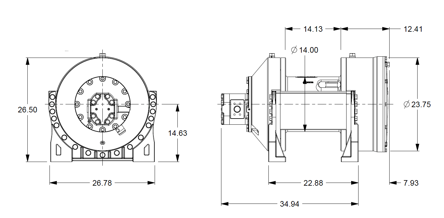 M50-7-207-1 : Pullmaster Planetary Hydraulic Winch, Equal Speed, 50,000lb Bare Drum Pull, Auto Brake, CW, 115GPM Motor with 1.5" C61 Ports, 14.0" Barrel x 14.0" Length x 23.75" Flange