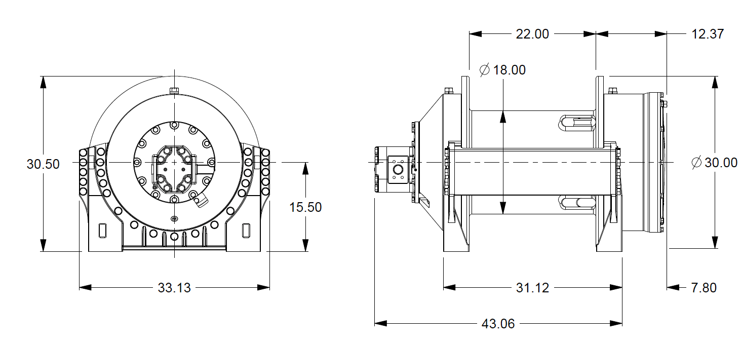 M50-7-207-2 : Pullmaster Planetary Hydraulic Winch, Equal Speed, 50,000lb Bare Drum Pull, Auto Brake, CW, 115GPM Motor with 1.5" C61 Ports, 18.0" Barrel x 22.0" Length x 30.0" Flange
