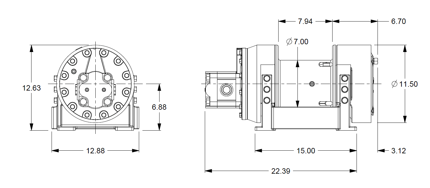 M8-3-30-1 : Pullmaster Planetary Hydraulic Winch, Equal Speed, 8,500lb Bare Drum Pull, Auto Brake, CW, 37GPM Motor, 7.0" Barrel x 8.0" Length x 11.5" Flange