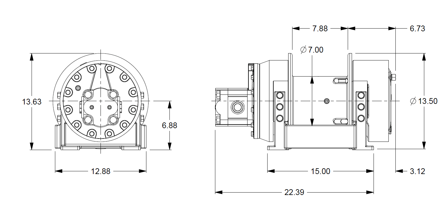M8-3-30-2 : Pullmaster Planetary Hydraulic Winch, Equal Speed, 8,500lb Bare Drum Pull, Auto Brake, CW, 37GPM Motor, 7.0" Barrel x 8.0" Length x 13.5" Flange