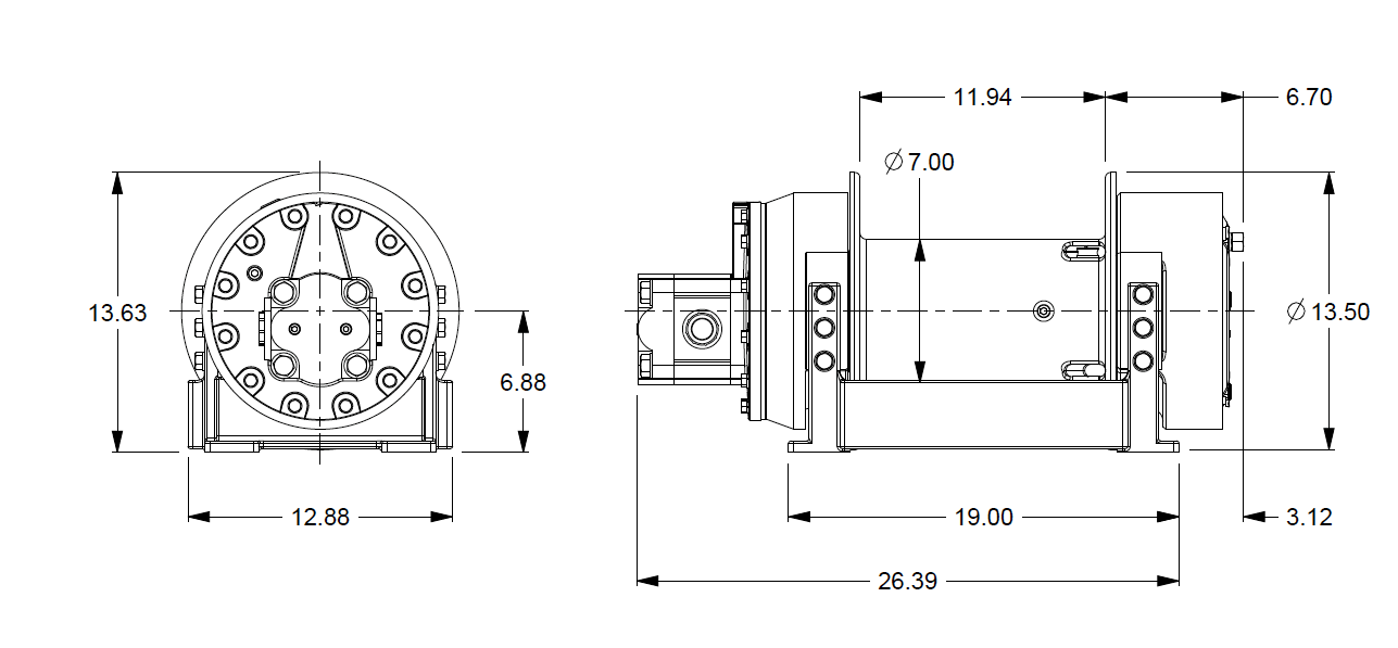 M8-3-30-4 : Pullmaster Planetary Hydraulic Winch, Equal Speed, 8,500lb Bare Drum Pull, Auto Brake, CW, 37GPM Motor, 7.0" Barrel x 12.0" Length x 13.5" Flange