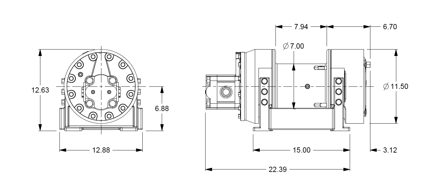 M8-6-30-1 : Pullmaster Planetary Hydraulic Winch, Equal Speed, 8,500lb Bare Drum Pull, Auto Brake, CCW, 37GPM Motor, 7.0" Barrel x 8.0" Length x 11.5" Flange