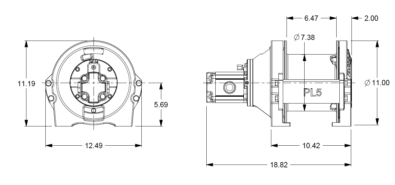 PL5-12-210-1 : Pullmaster Planetary Hydraulic Winch, Equal Speed, 4,500lb Bare Drum Pull, Auto Brake, CCW, 24GPM Motor, 7.38" Barrel x 6.56" length x 11.0" Flange