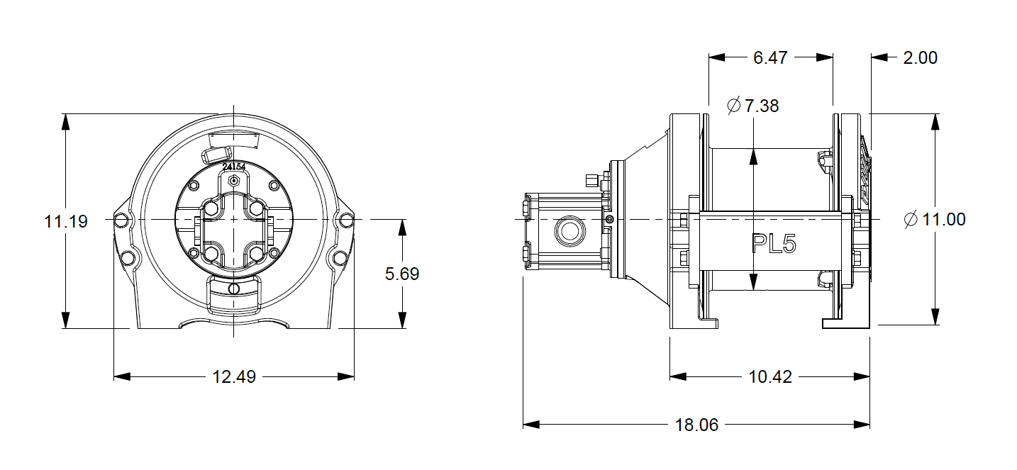 PL5-12-211-1 : Pullmaster Planetary Hydraulic Winch, Equal Speed, 4,000lb Bare Drum Pull, Auto Brake, CCW, 11GPM Motor, 7.38" Barrel x 6.56" length x 11.0" Flange