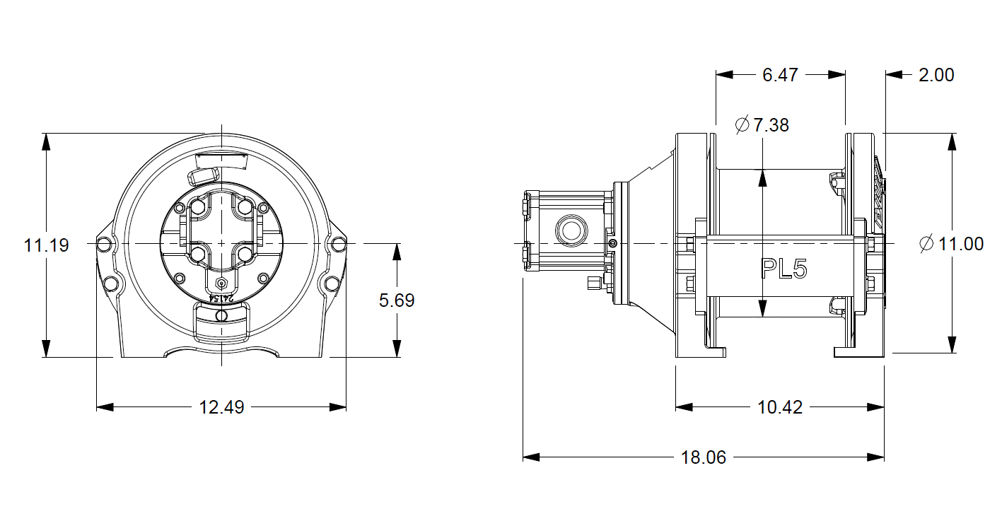 PL5-15-211-1 : Pullmaster Planetary Hydraulic Winch, Equal Speed, 4,000lb Bare Drum Pull, Auto Brake, CW, 11GPM Motor, 7.38" Barrel x 6.56" length x 11.0" Flange