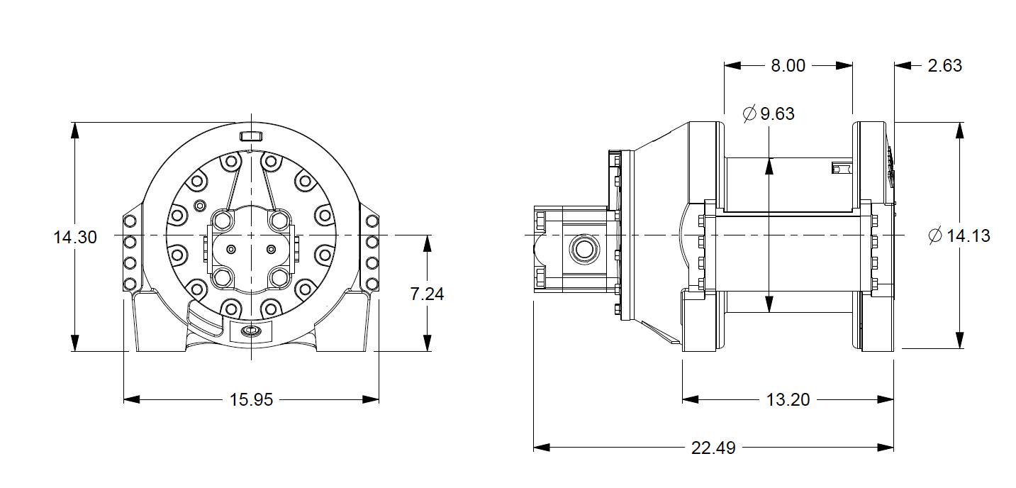PL8-3-30-1 : Pullmaster Planetary Hydraulic Winch, Equal Speed, 7,000lb Bare Drum Pull, Auto Brake, CCW, 37GPM Motor, 9.63" Barrel x 8.0" Length x 14.13" Flange