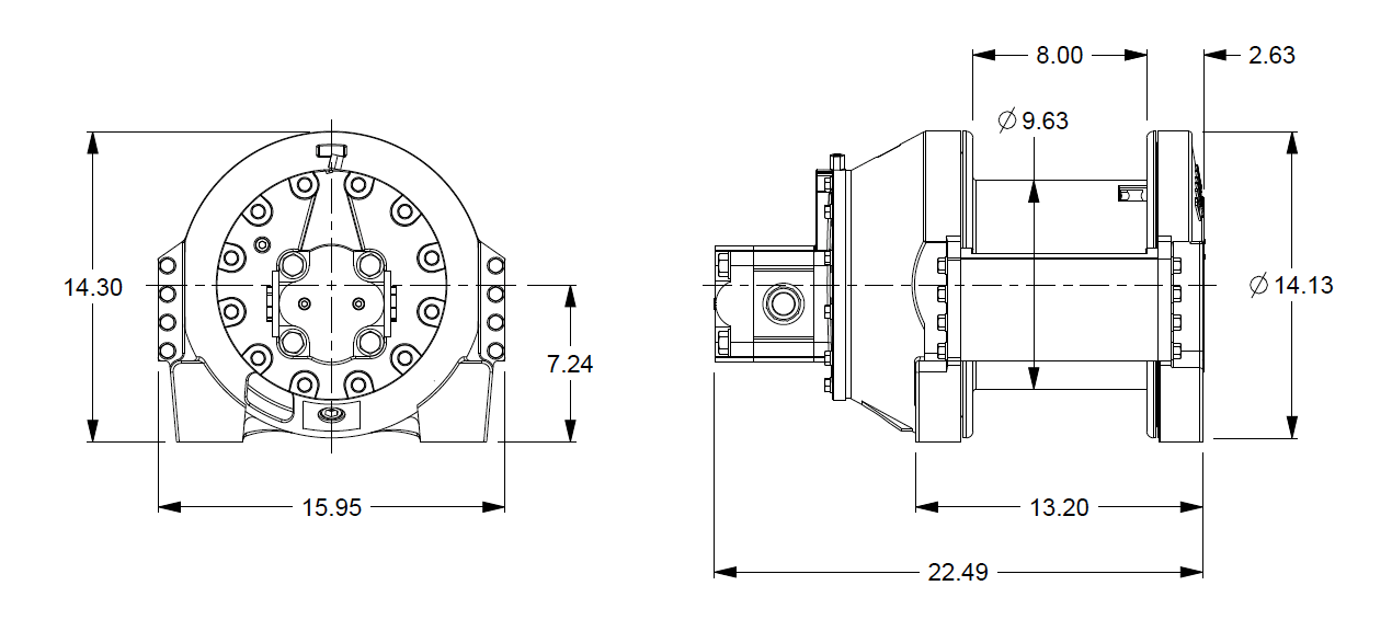 PL8-5-30-1 : Pullmaster Planetary Hydraulic Winch, Equal Speed, 7,000lb Bare Drum Pull, Auto Brake, External Brake Release, CW, 37GPM Motor, 9.63" Barrel x 8.0" Length x 14.13" Flange