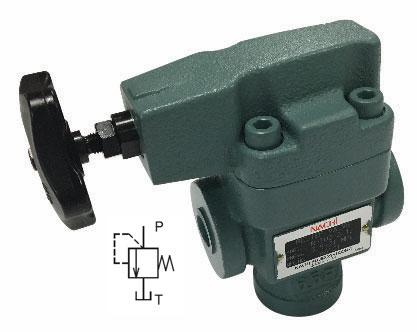 R-T03-3-12 : Nachi Inline Balanced Piston Relief Valve, 21 GPM Rated, 3045psi Rated, Direct-Acting, 500 to 3000psi Adjustable Range, 3/8" NPT, Hand Screw Adjustment