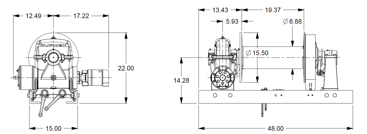 RN30WHRFOM3 : Tulsa Winch Rufnek-Series Worm Gear, 30,000 lbs Bare Drum Pull, Mechanical Clutch, 20 GPM Hydraulic Motor