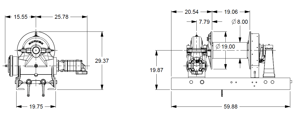 RN45WHRFOM3 : Tulsa Winch Rufnek-Series Worm Gear, 45,000 lbs Bare Drum Pull, Mechanical Clutch, 40 GPM Hydraulic Motor