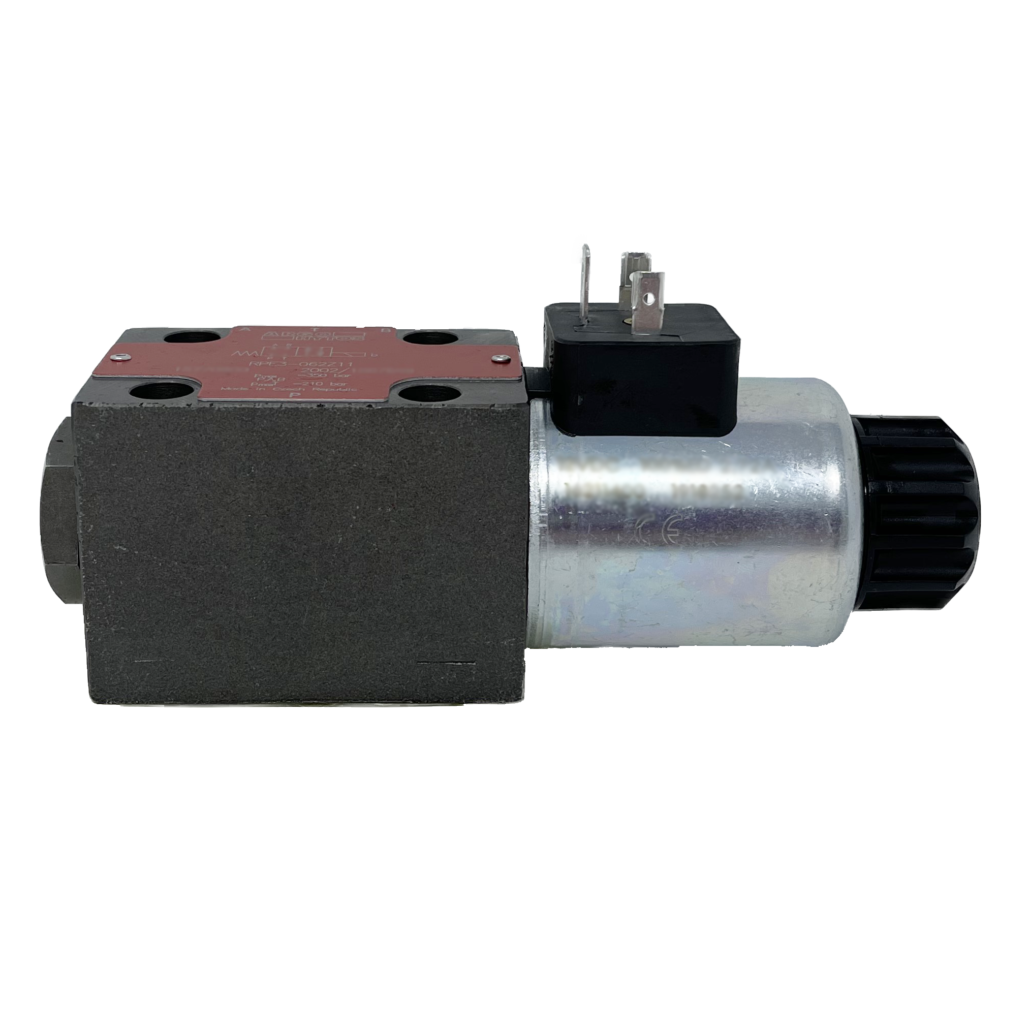 RPE3-062Z11/01200E1 : Argo Hytos Directional Control Valve, D03 (NG6), 21GPM, 5100psi, 2P4W, 12 VDC, DIN, Spring Return, All Ports Blocked in Neutral, Coil Side B