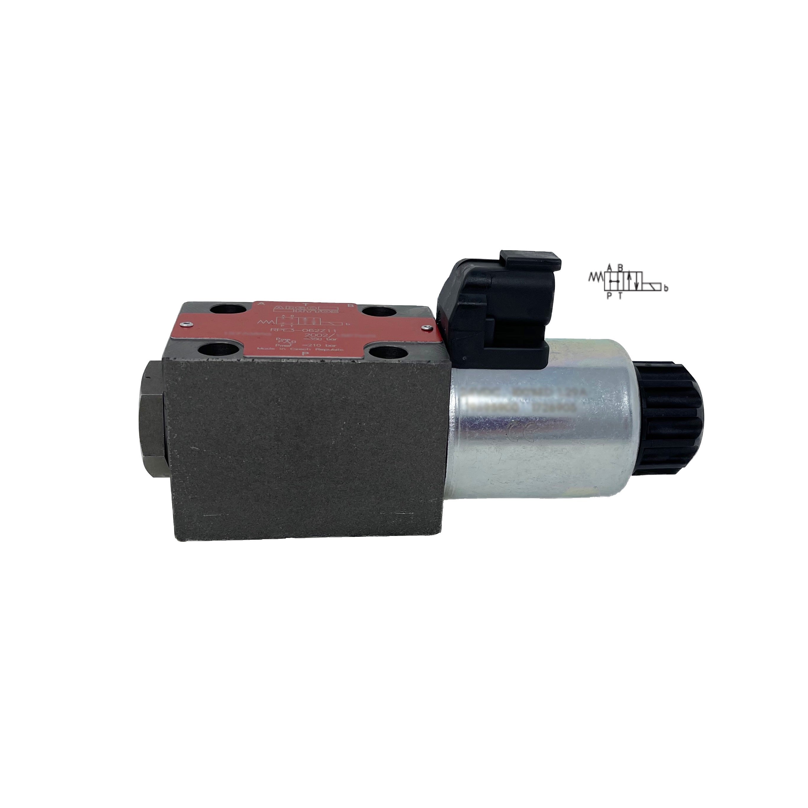 RPE3-062H11/01200E12A : Argo Hytos Directional Control Valve, D03 (NG6), 21GPM, 5100psi, 2P4W, 12 VDC, Deutsch, Spring Return, All Ports Open in Neutral, Coil Side B