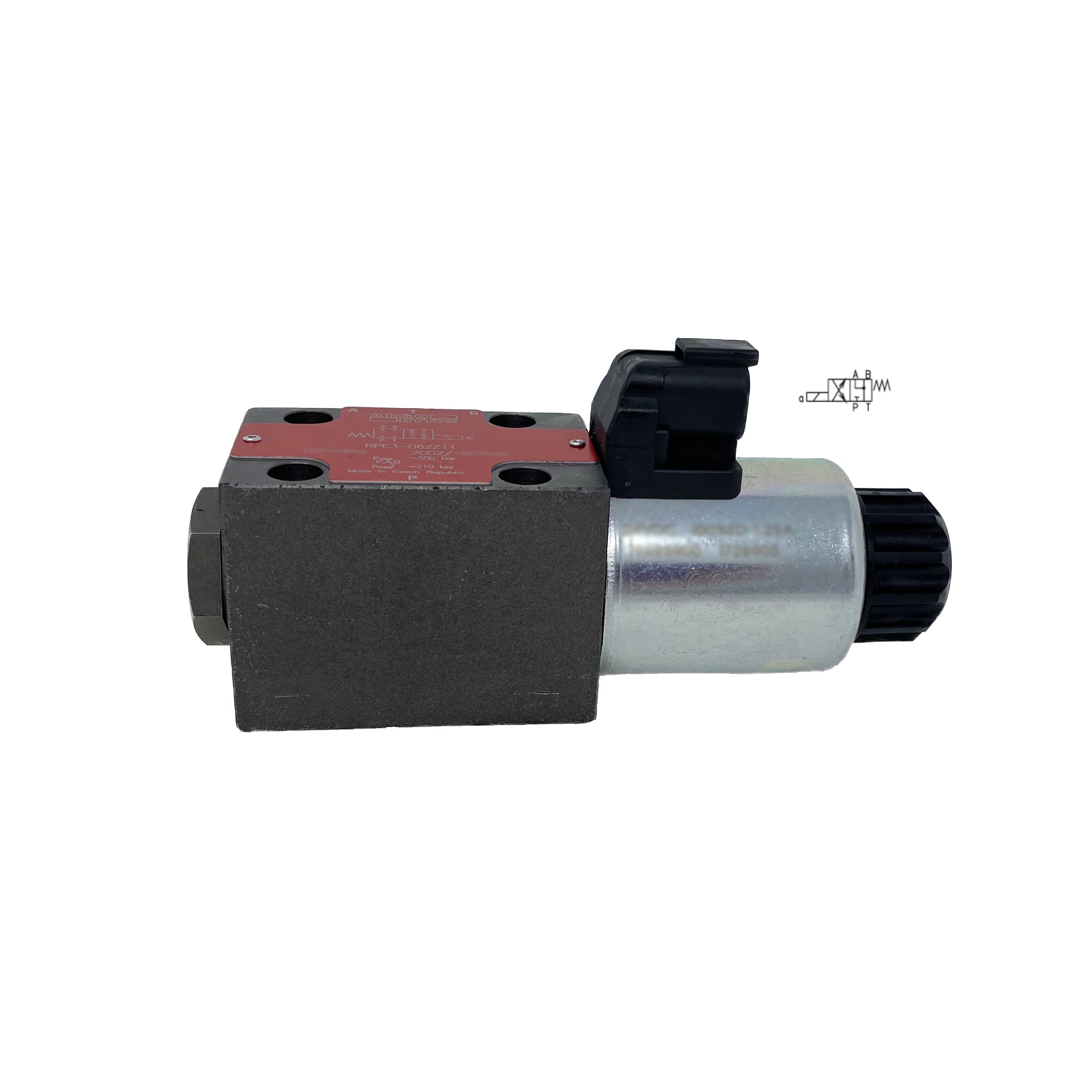 RPE3-062Y51/01200E12A : Argo Hytos Directional Control Valve, D03 (NG6), 21GPM, 5100psi, 2P4W, 12 VDC, Deutsch, Spring Return, Motor Spool in Neutral, Coil Side A