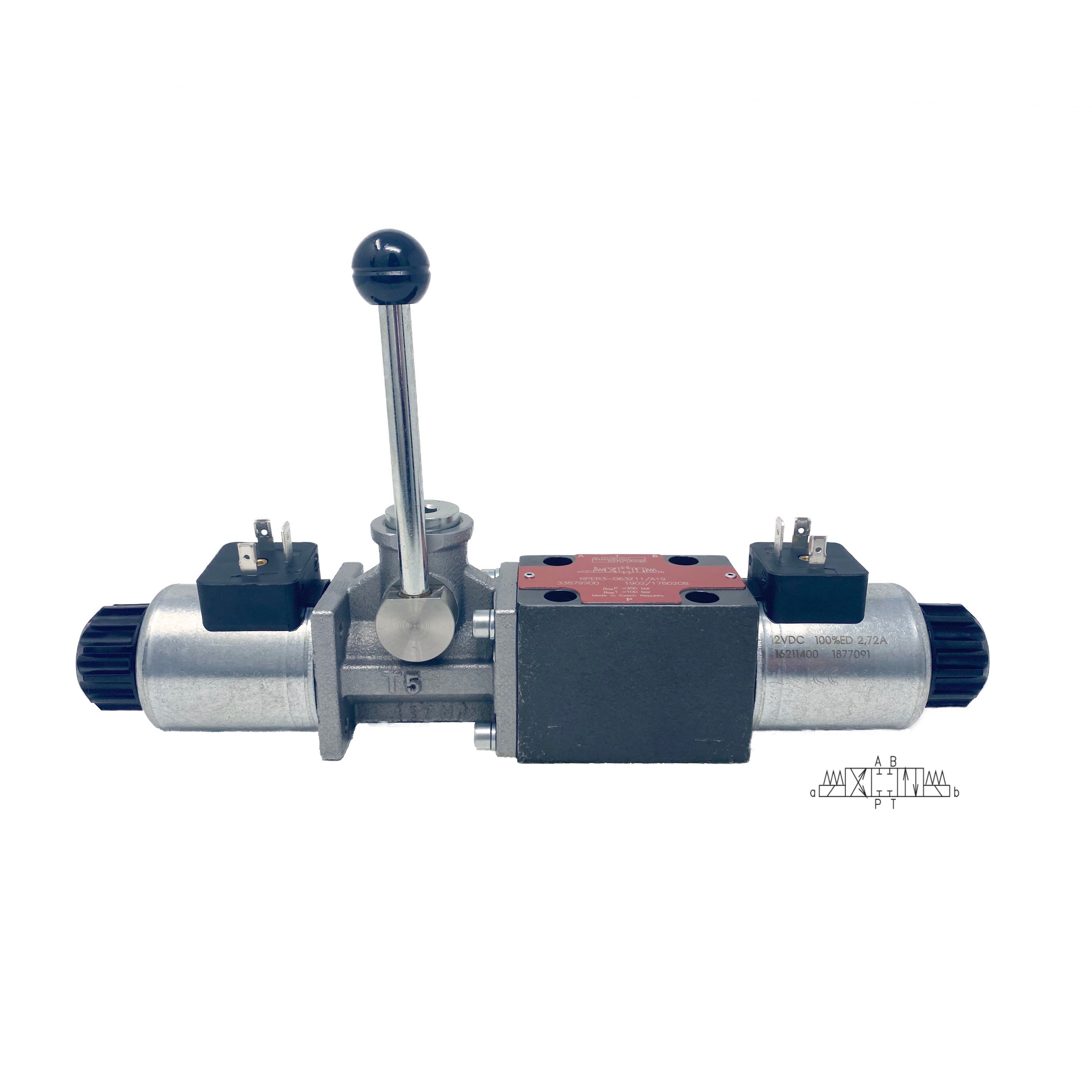 RPER3-063Z11/02400E1/A19 : Argo Directional Control Valve w/ Override Lever, D03, 21GPM, 5100psi, 3P4W, 24 VDC, DIN, Spring Centered, Cylinder Spool