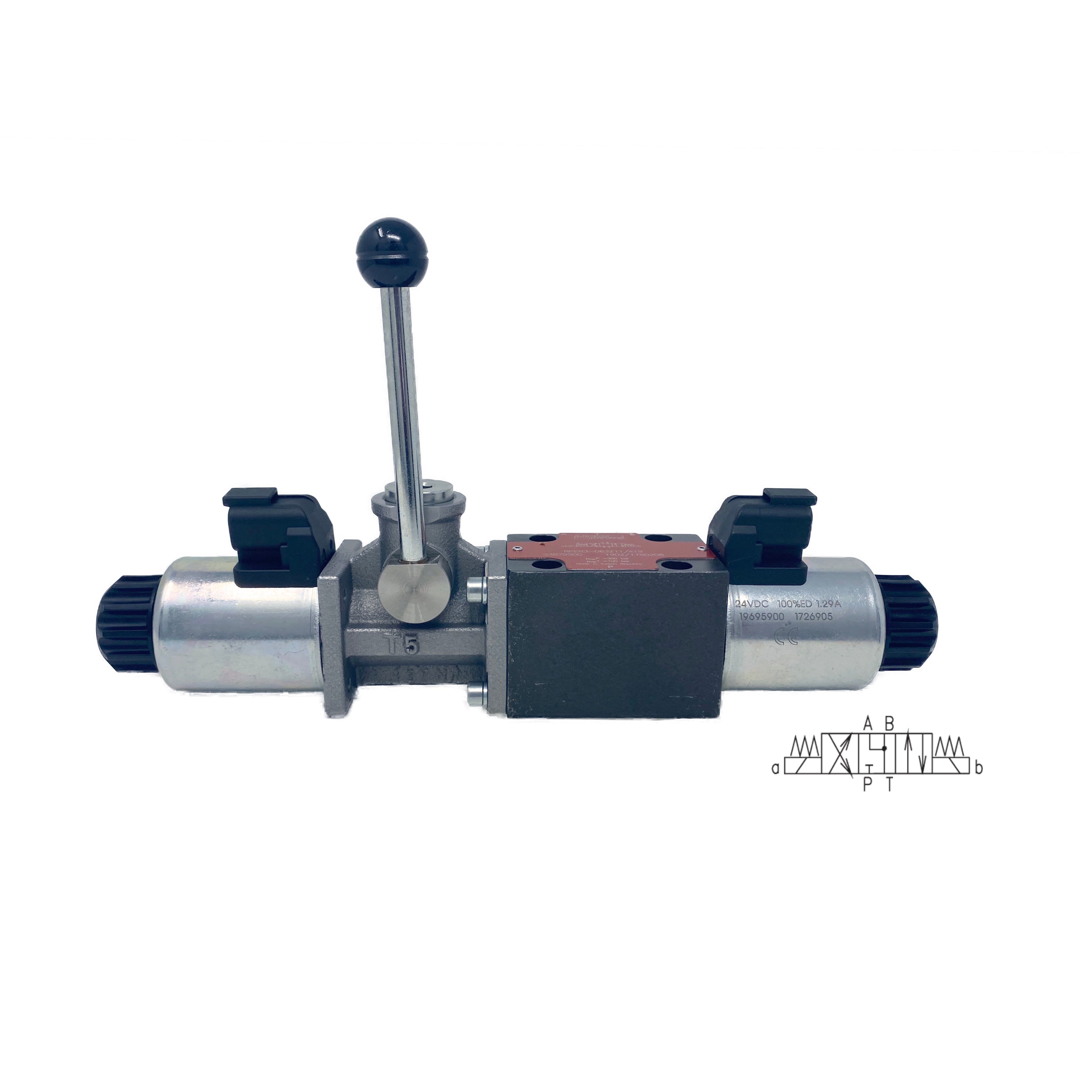 RPER3-063Y11/02400E12A/A19 : Argo Directional Control Valve w/ Override Lever, D03, 21GPM, 5100psi, 3P4W, 24 VDC, Deutsch, Spring Centered, Motor Spool