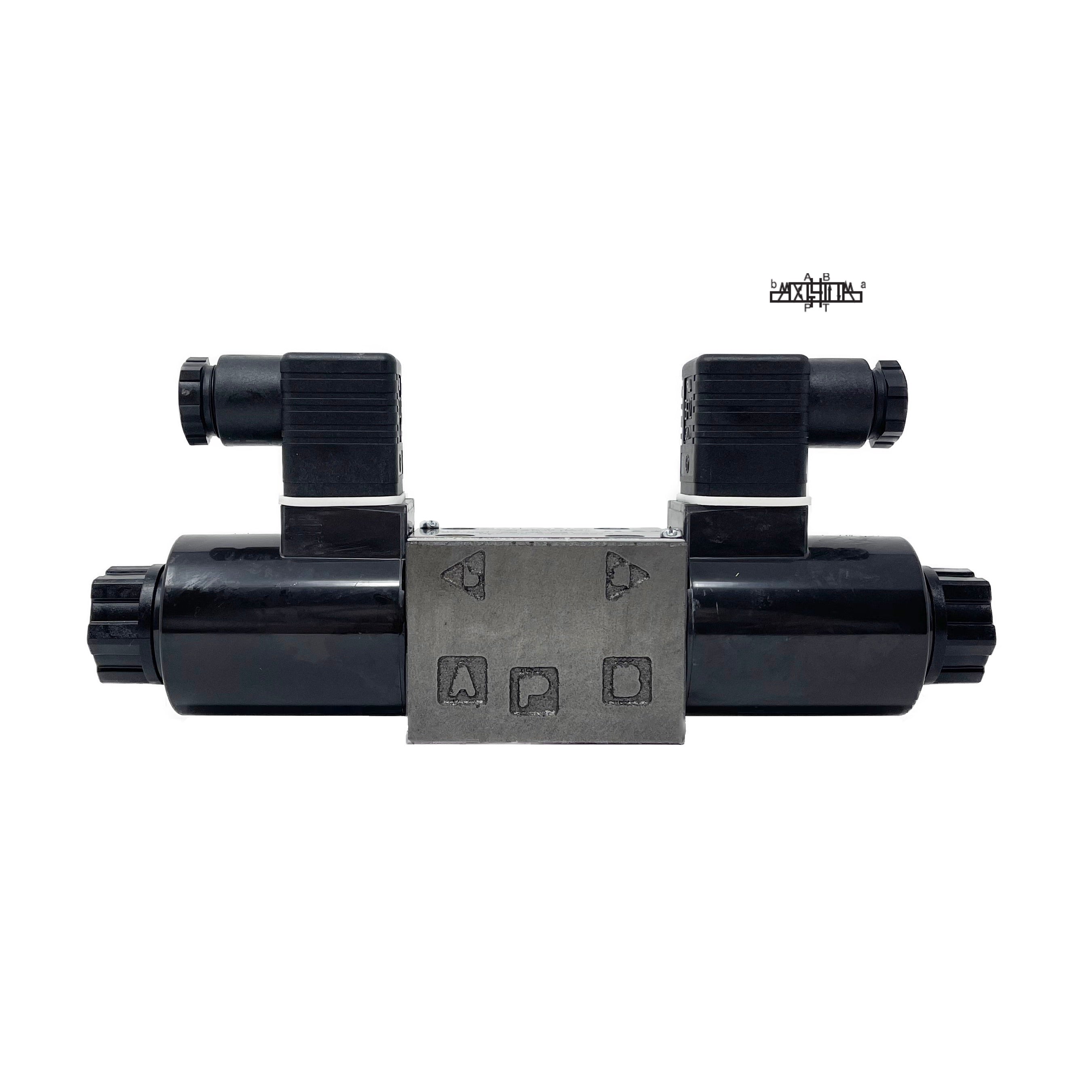 SA-G01-C6-F-D2-E31 : Nachi Solenoid Valve, 3P4W, D03 (NG6), 21.1GPM, 5075psi, Motor Spool, 24 VDC, DIN, Shockless Type