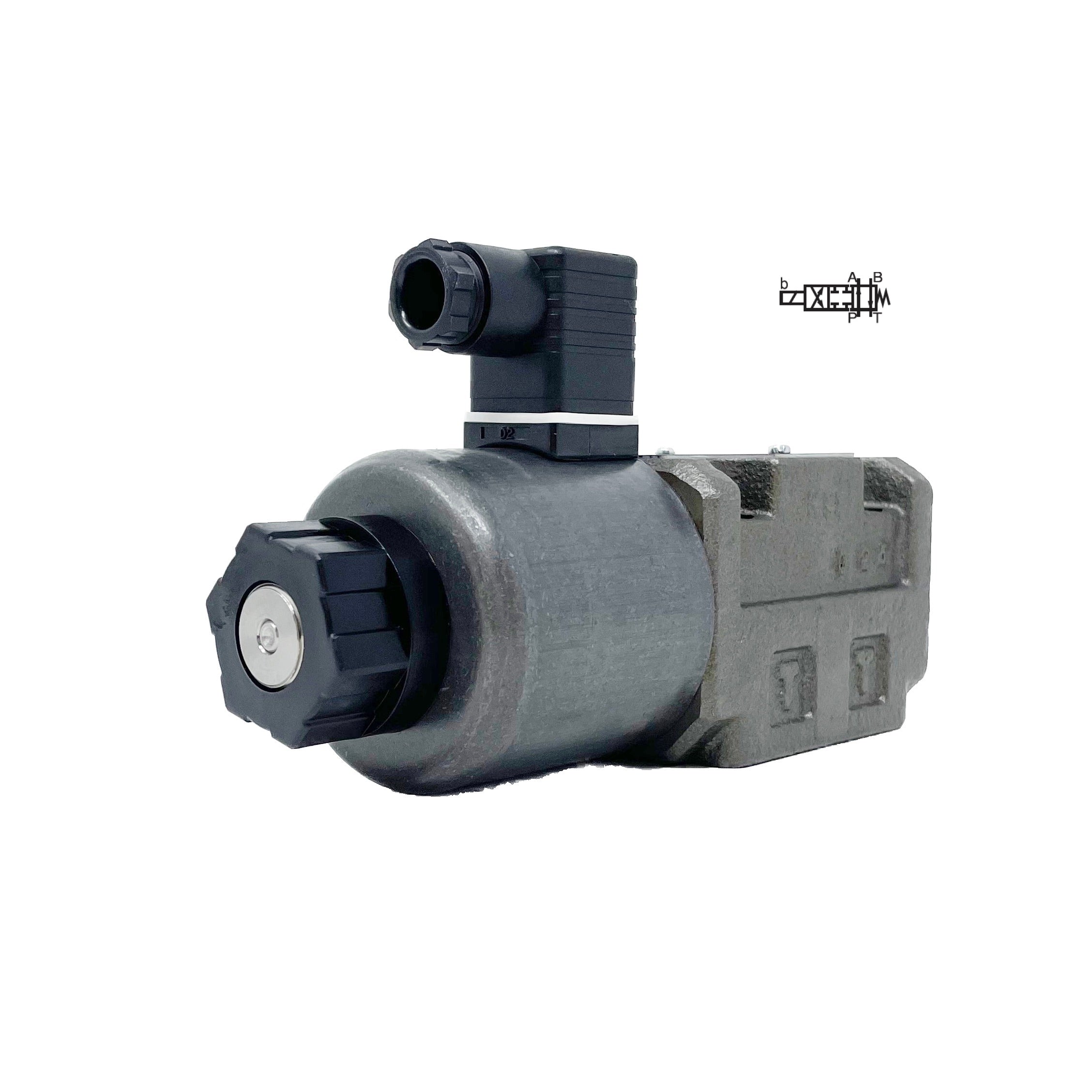 SA-G03-A3X-R-D2-E21 : Nachi Solenoid Valve, 3P4W, D05 (NG10), 34.3GPM, 5075psi, P to A, B to T in Neutral, 24 VDC, DIN
