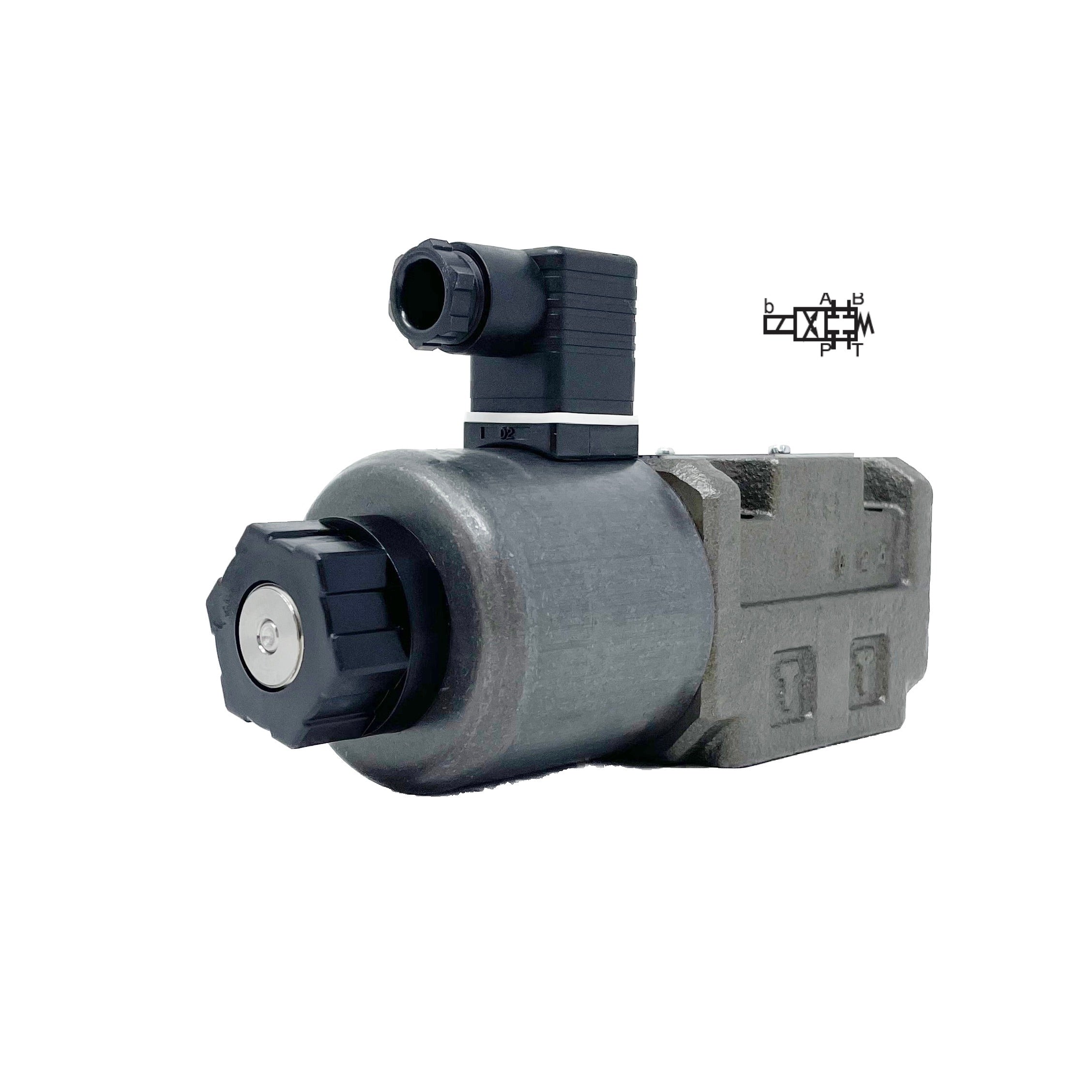 SA-G03-A5-D2-E21 : Nachi Solenoid Valve, 3P4W, D05 (NG10), 34.3GPM, 5075psi, All Ports Blocked Neutral, 24 VDC, DIN