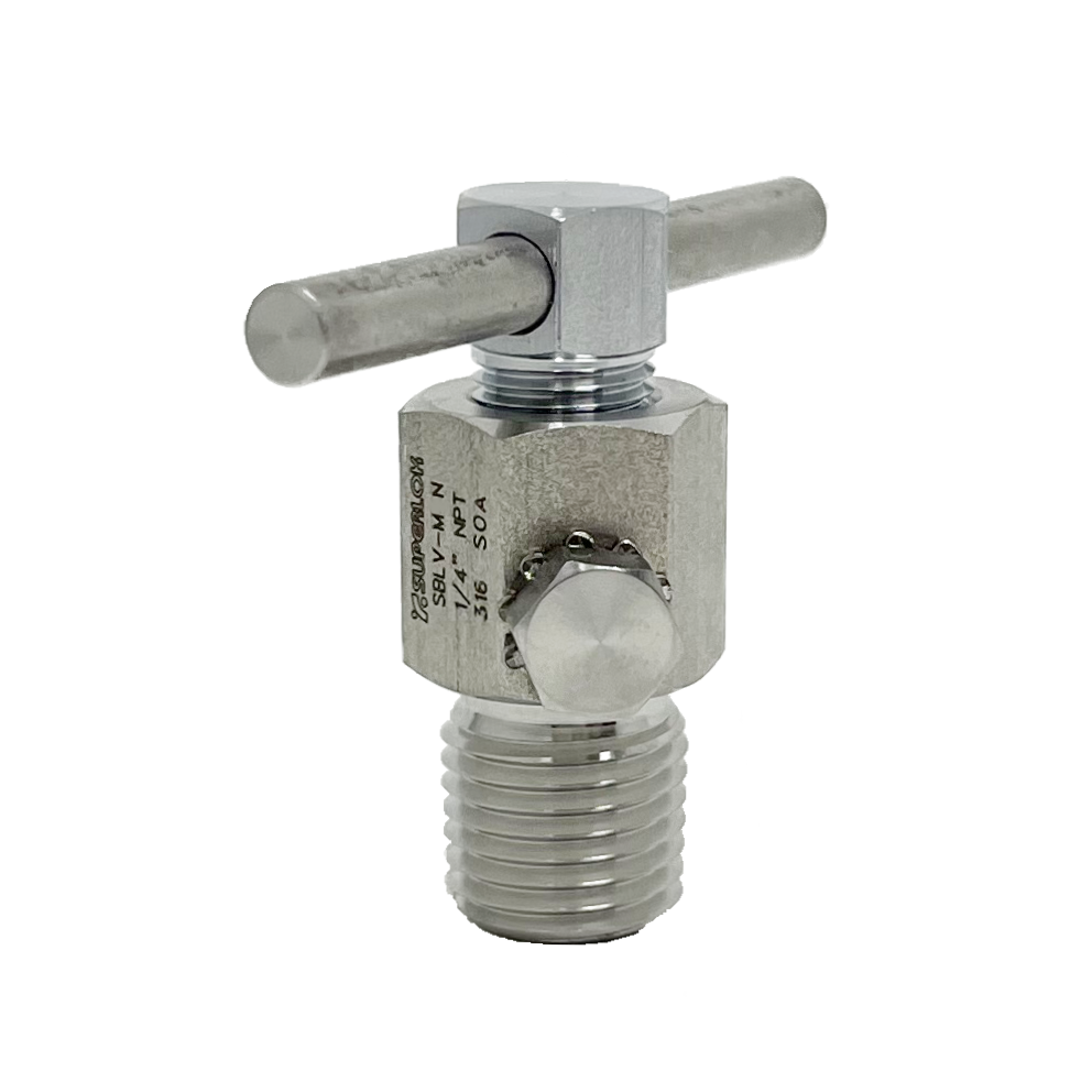 SBLV-M-4N-BH : Superlok Bleed Vent Valve, 1/4" MNPT, Back-Stop Screw, Vent Tube, Bar Handle