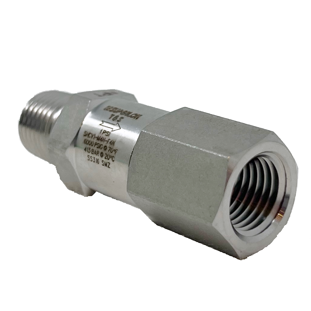 SHCV1-MF-4N-1P : Superlok Inline Check Valve, 1/4" MNPT X 1/4" FNPT, 1psi Cracking, 6000psi, 316SS