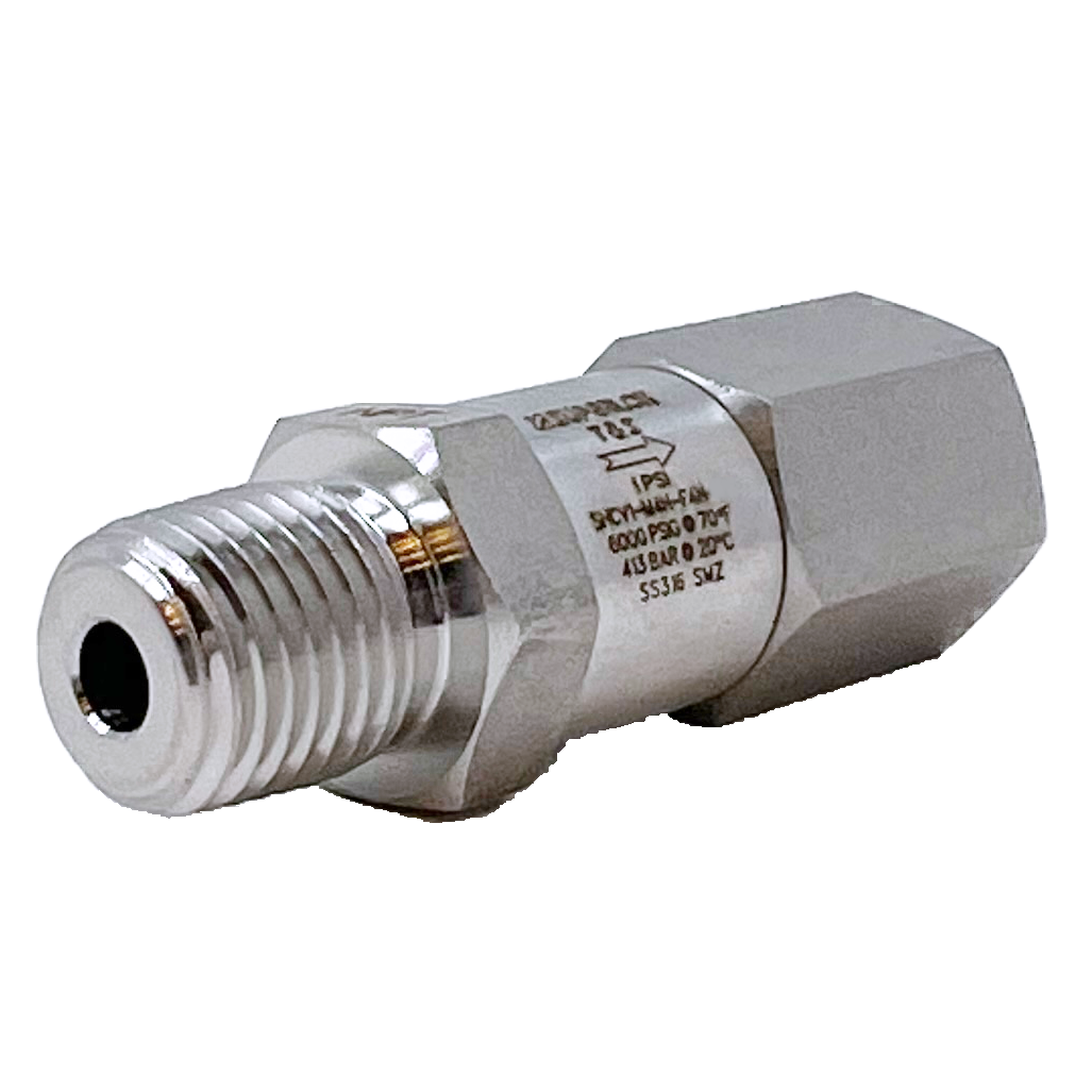 SHCV1-MF-4N-1P : Superlok Inline Check Valve, 1/4" MNPT X 1/4" FNPT, 1psi Cracking, 6000psi, 316SS