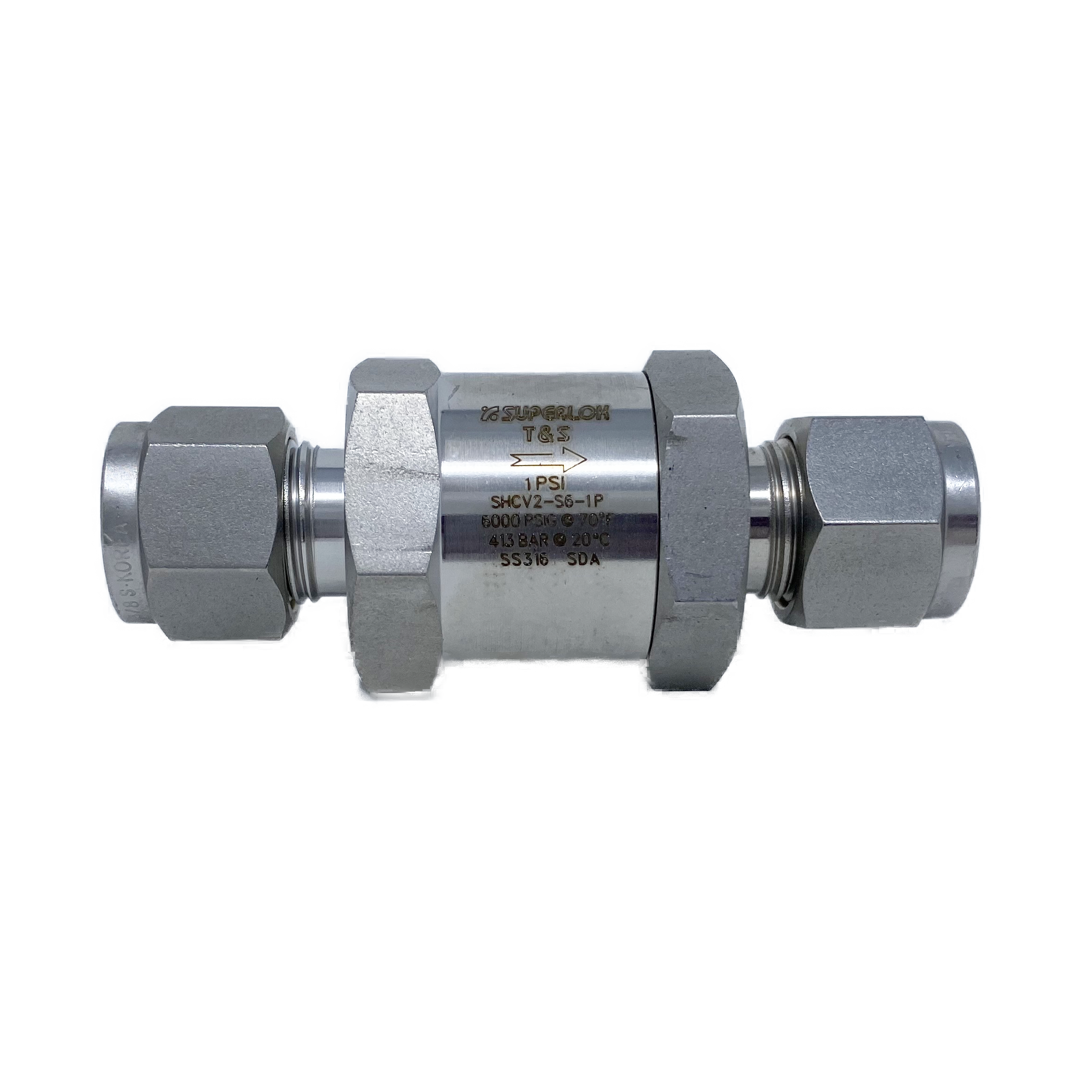SHCV2-F-8N-25P : Superlok Inline Check Valve, 1/2" FNPT, 25psi Cracking, 4600psi, 316SS